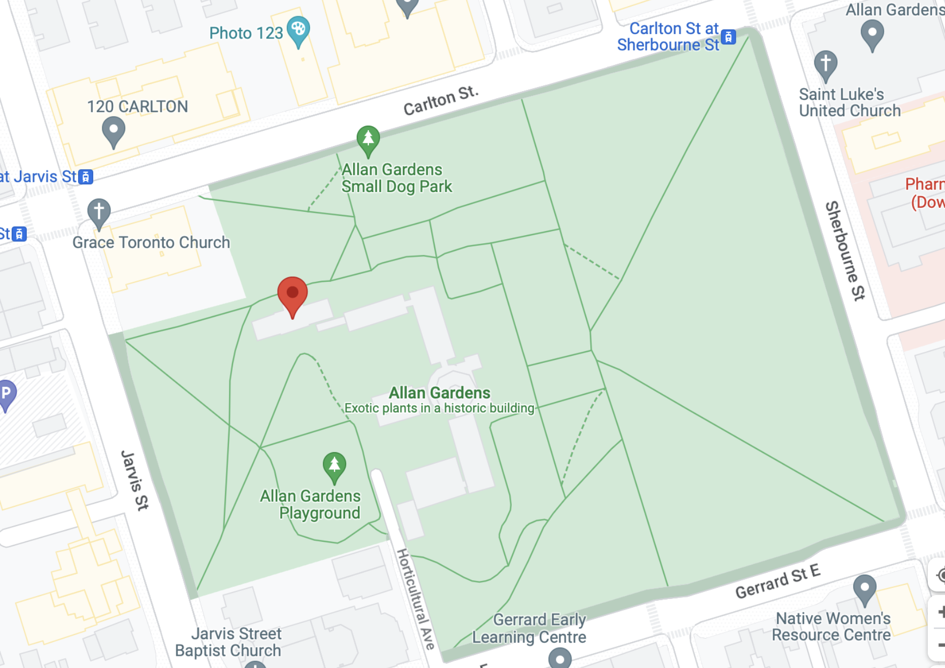 Image of a map of Allan Gardens, showing the location of the Children's Conservatory with a red pin.