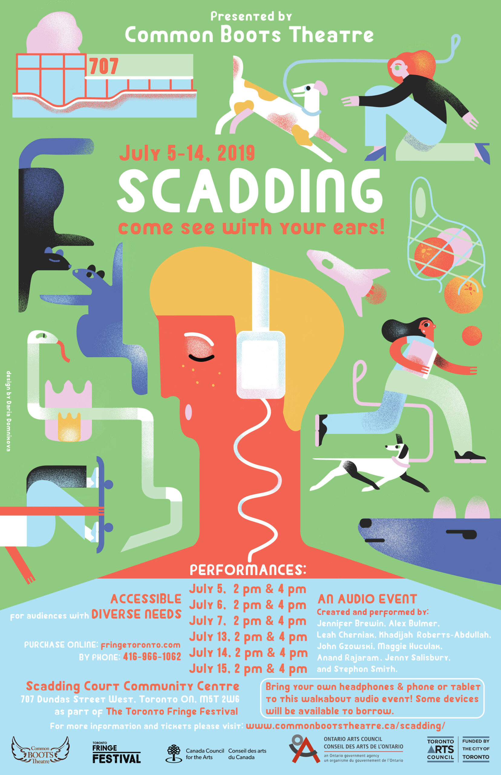 Poster of the event, features a impressionist style man with red skin, mustard head wearing rectangular headphones surrounded by various elements including a dog walkers, a snake, skateboarding, fruit and various other items