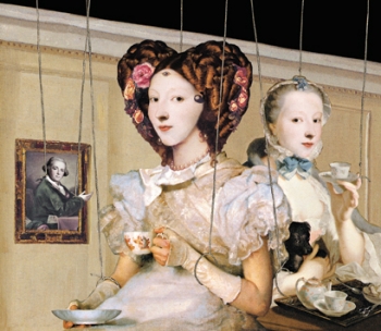 Two string-controlled puppets pose next to a painting also hung on strings